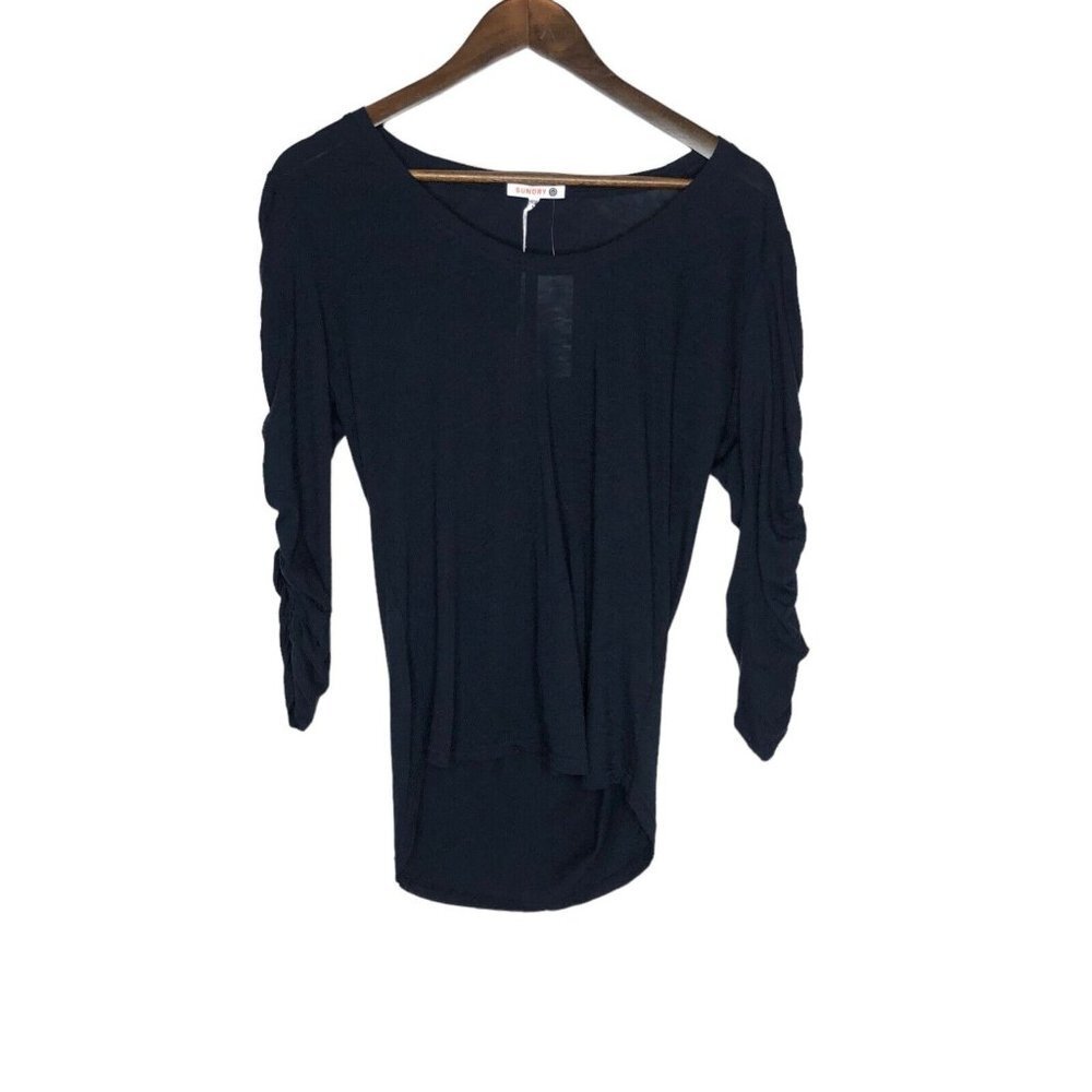 Sundry NWT Oaklee Shirred Sleeve Knit Tee Navy Blue Size 1 Small